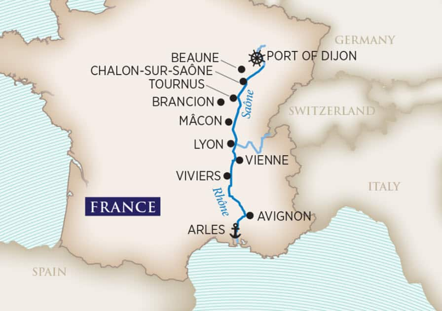 Essence of Burgundy Wine Cruise Itinerary Map